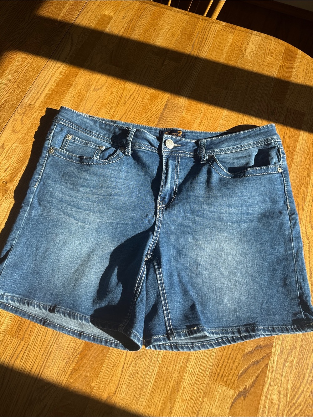 Seven7 Medium Blue Denim Shorts with Embroidered Back Pockets